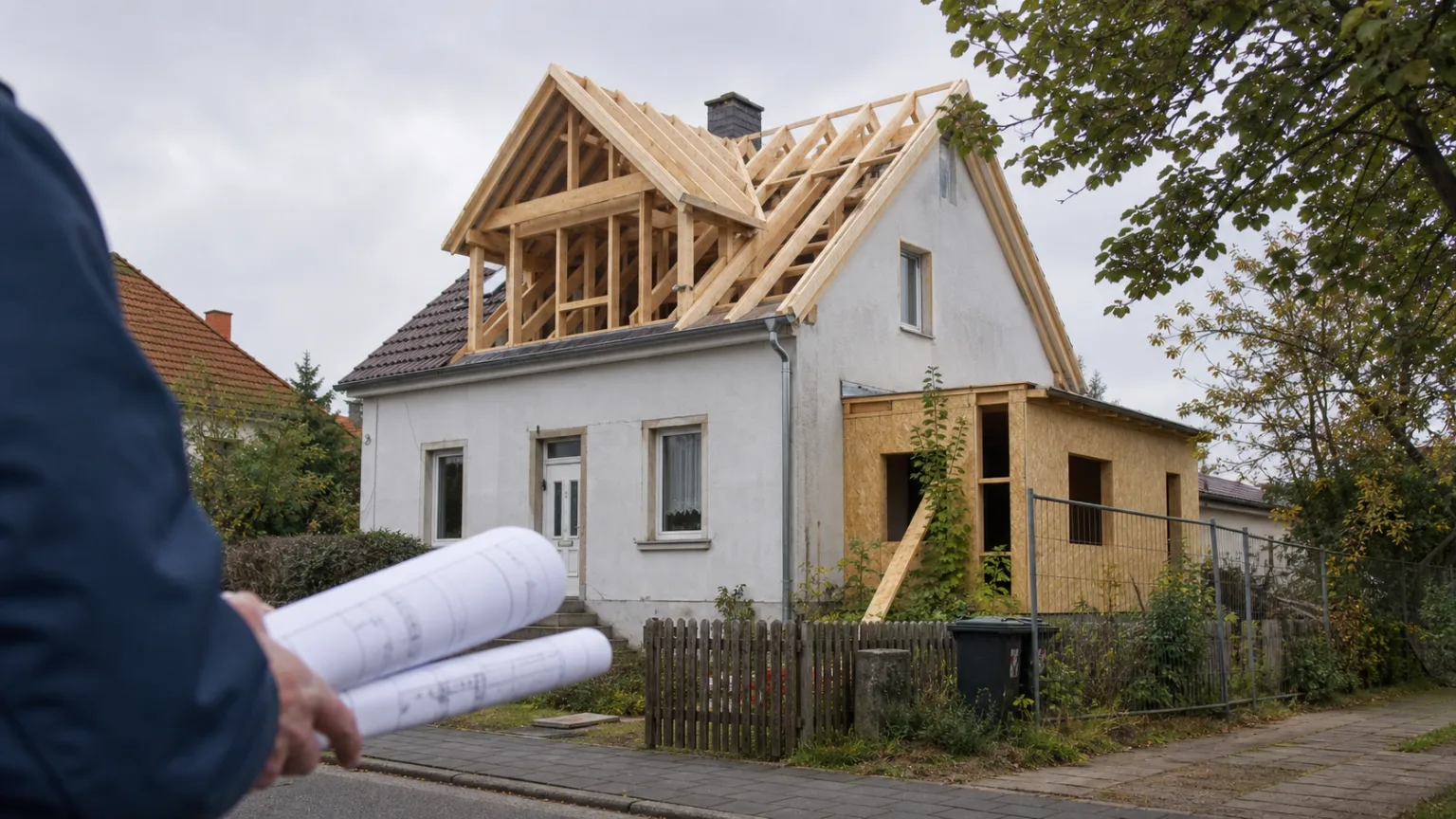 Wohnhaus mit hölzernem Dachaufbau und seitlichem Anbau während einer Planungsbesichtigung