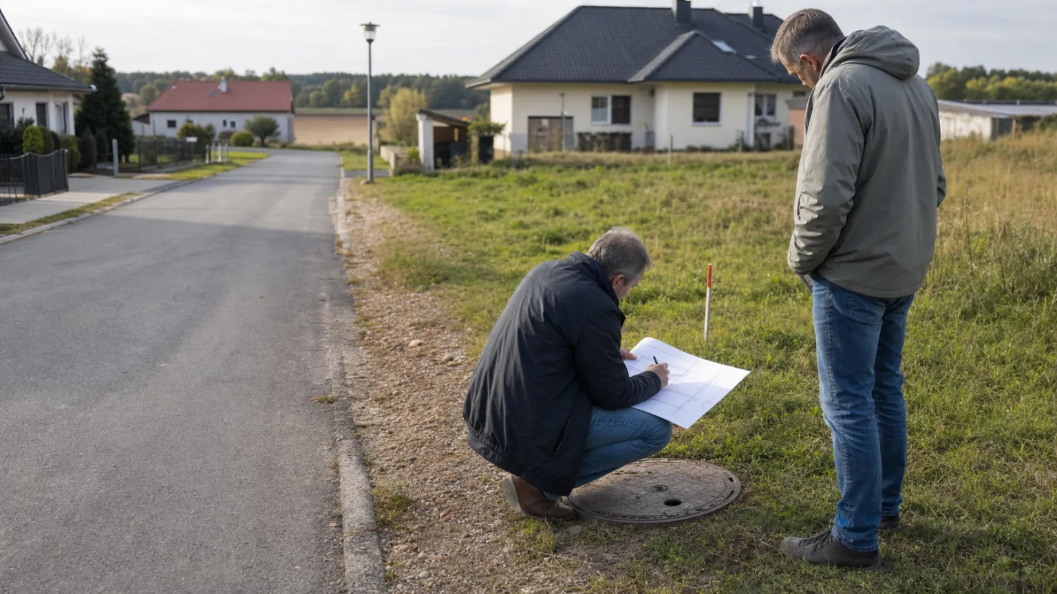 Vor-Ort-Prüfung von Zufahrt und Versorgungsanschlüssen an einem unbebauten Grundstück