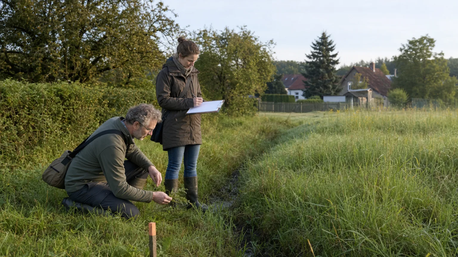 Fachleute untersuchen Vegetation und Standortbedingungen am Rand einer Siedlung